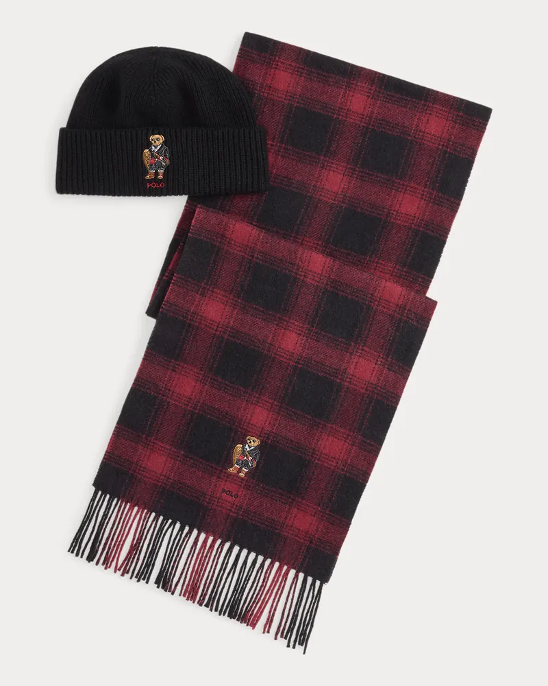 Ralph Lauren Wollmütze und Schal mit Polo Bear Black