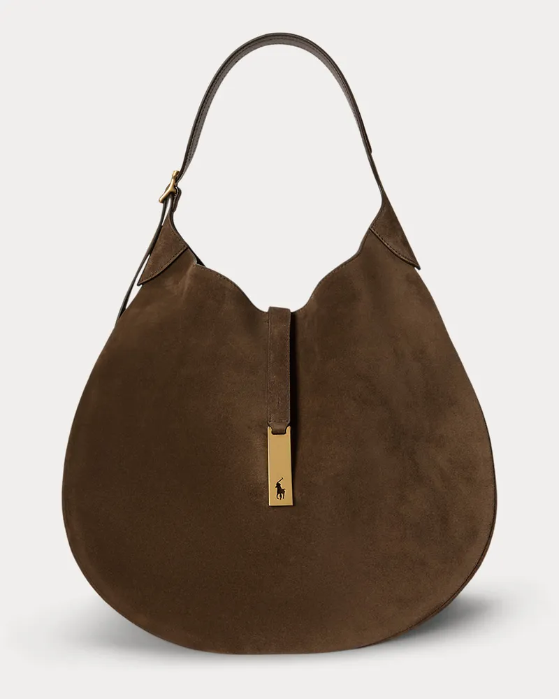 Ralph Lauren Große Wildleder-Schultertasche Polo ID Brown