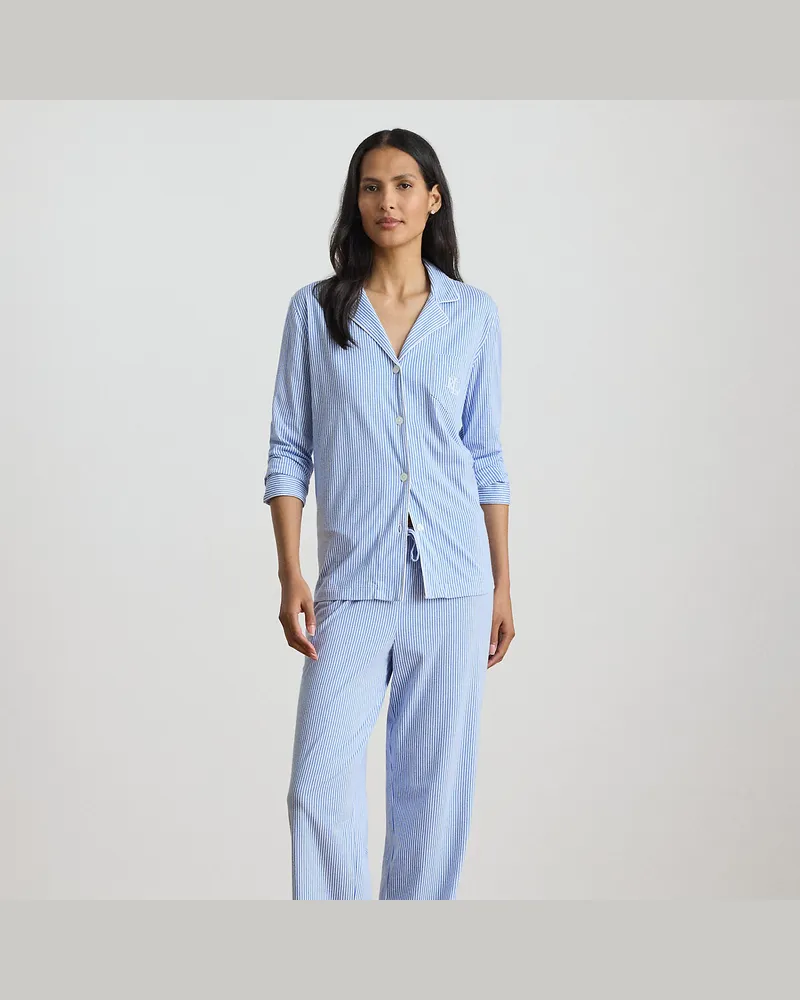 Ralph Lauren Gestreifter Pyjama aus Baumwolljersey Blue