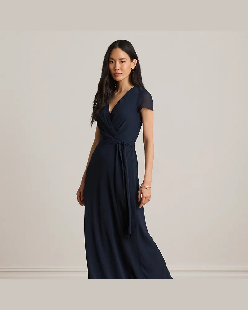 Ralph Lauren Knittergeorgette-Abendkleid mit Gürtel Blue