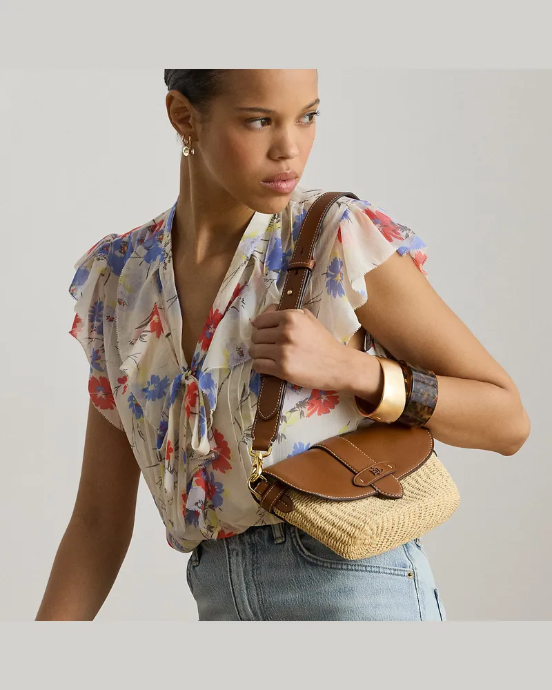 Ralph Lauren Kleine Stroh-Leder-Schultertasche Lynden Natural