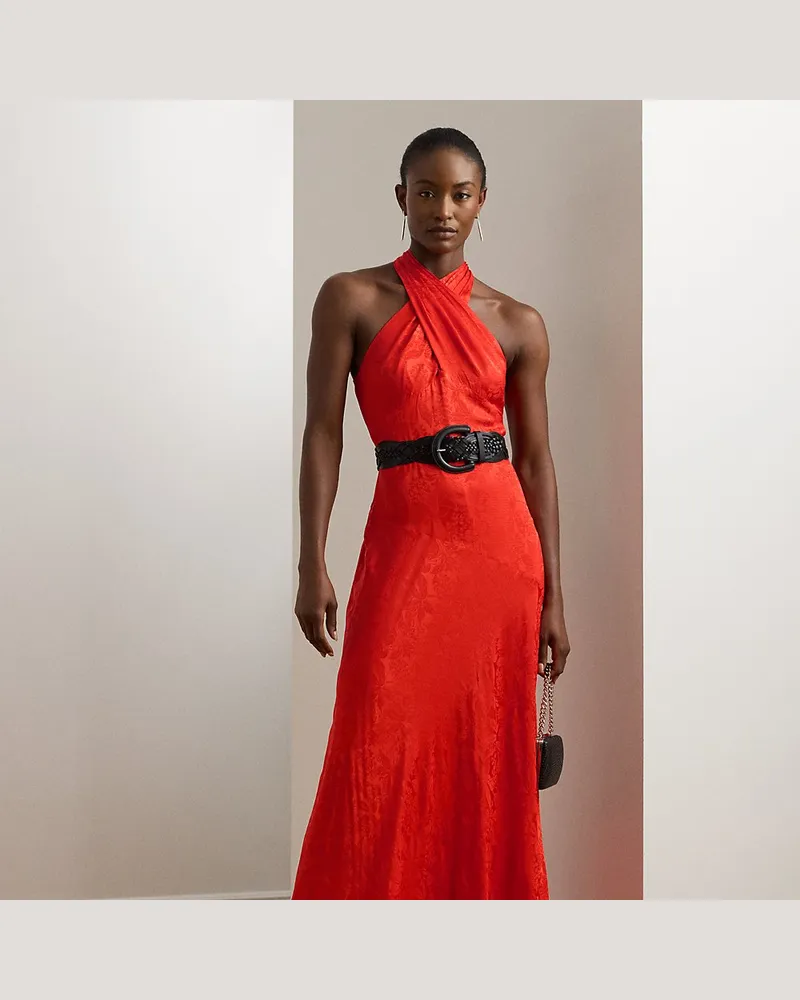 Ralph Lauren Neckholder-Abendkleid mit Gürtel Red