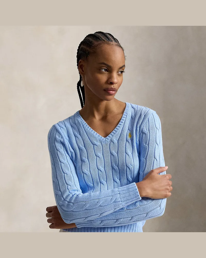 Ralph Lauren Zopfmusterpullover mit V-Ausschnitt Blue