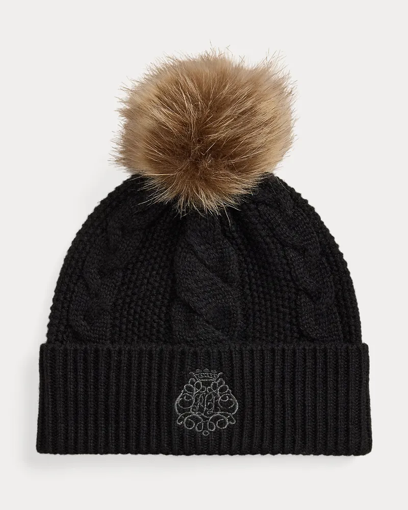 Ralph Lauren Bommelmütze mit Zopfmuster und Wappen Black