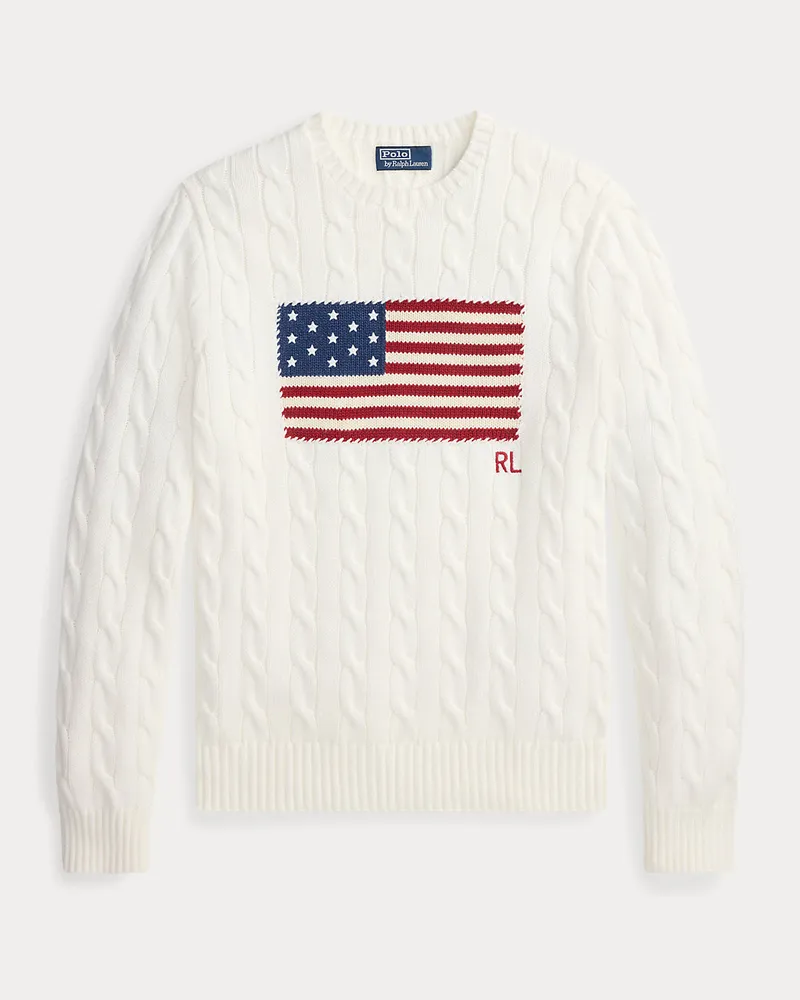 Ralph Lauren Pullover mit Zopfmuster und US-Flagge White