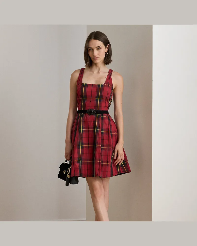 Ralph Lauren Kariertes Taft-Cocktailkleid mit Gürtel Black