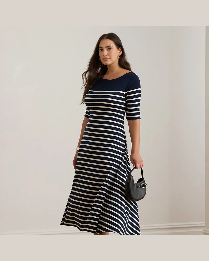 Ralph Lauren Plus Größen - Gestreiftes Midi-Rippenstrickkleid Blue
