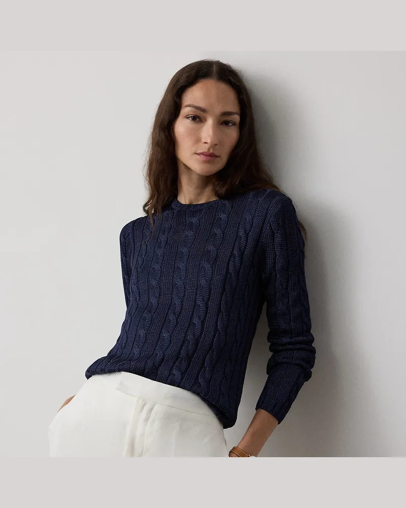 Ralph Lauren Seiden-Rundhalspullover mit Zopfmuster Blue