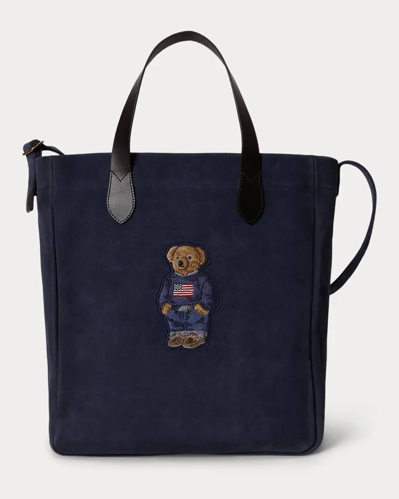 Ralph Lauren Rauwildleder-Tragetasche mit Polo Bear Blue