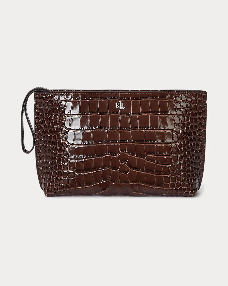 Ralph Lauren Große Lederpochette mit Krokodilprägung Brown
