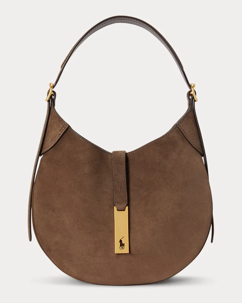 Ralph Lauren Kleine Wildleder-Schultertasche Polo ID Brown