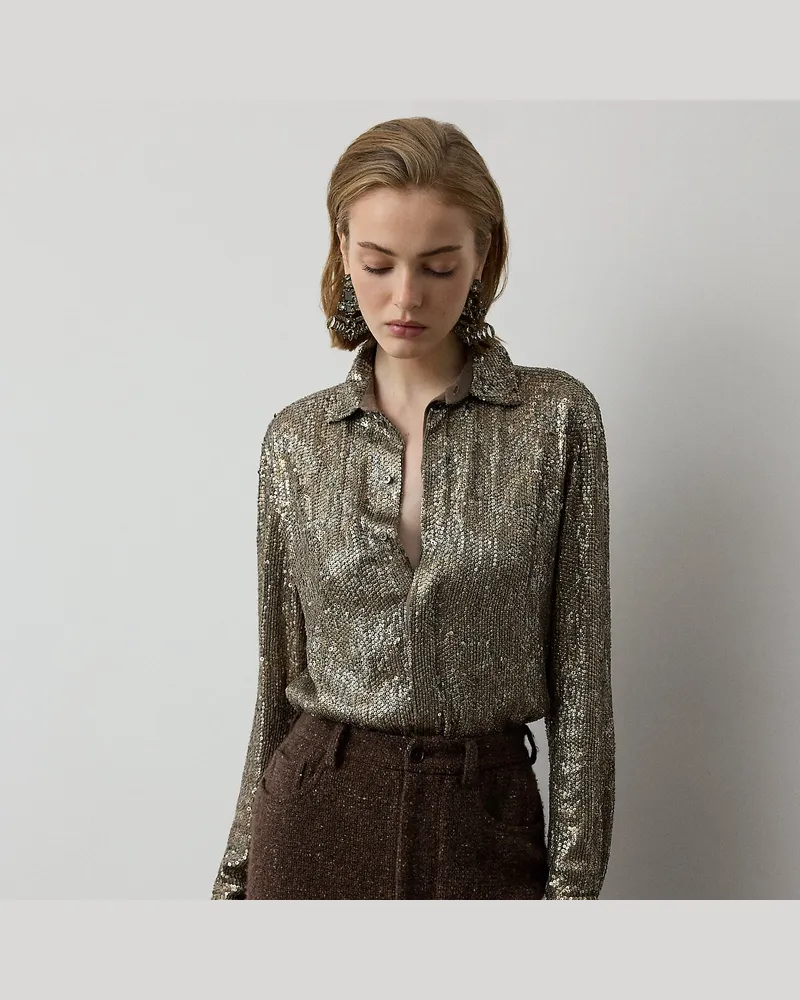 Ralph Lauren Verzierte Seidengeorgette-Bluse Reice Tan