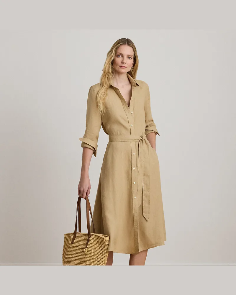 Ralph Lauren Hemdkleid aus Leinen mit Gürtel Tan