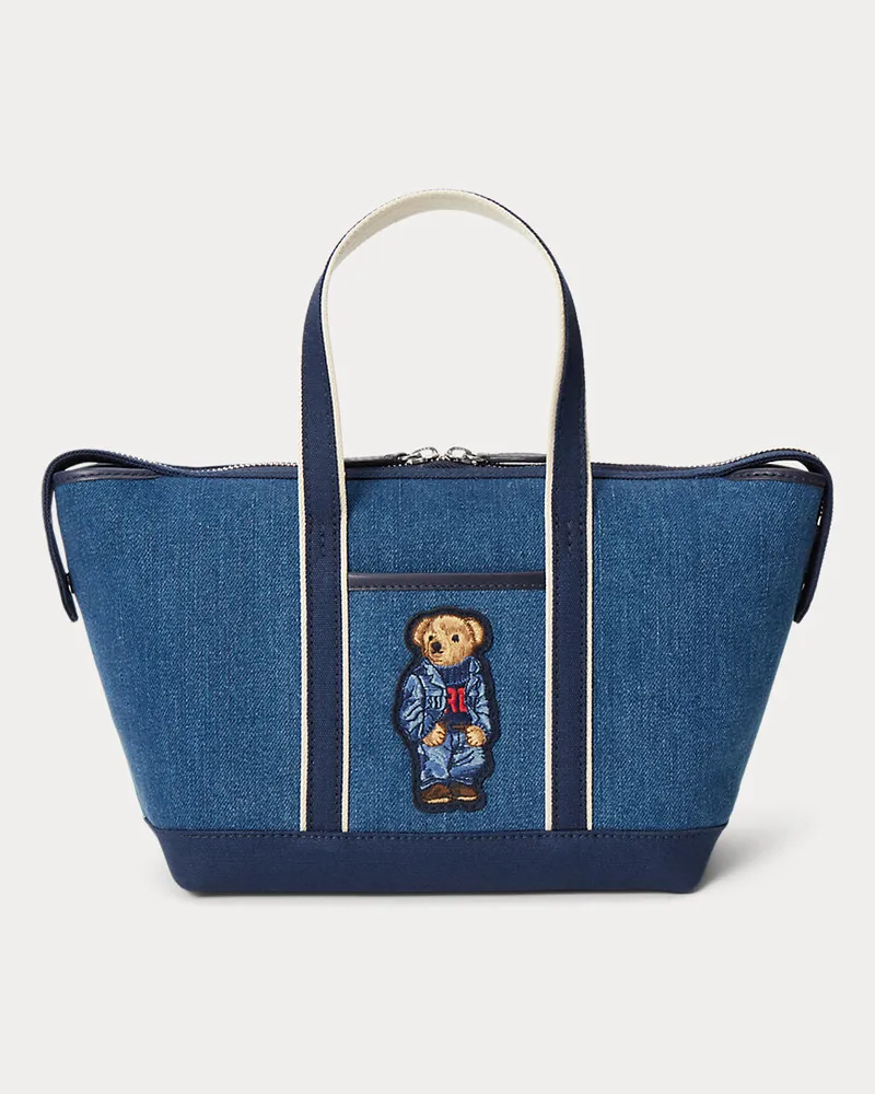 Ralph Lauren Mini-Tragetasche aus Denim mit Polo Bear Blue
