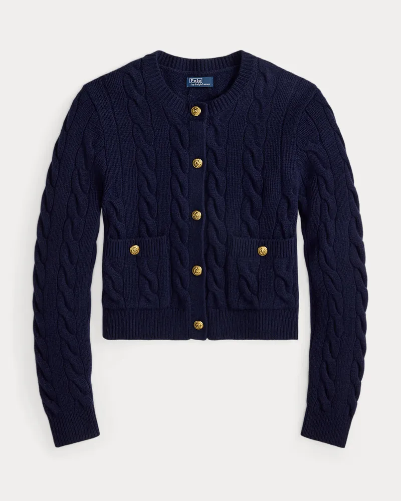 Ralph Lauren Woll-Kaschmir-Strickjacke mit Zopfmuster Blue
