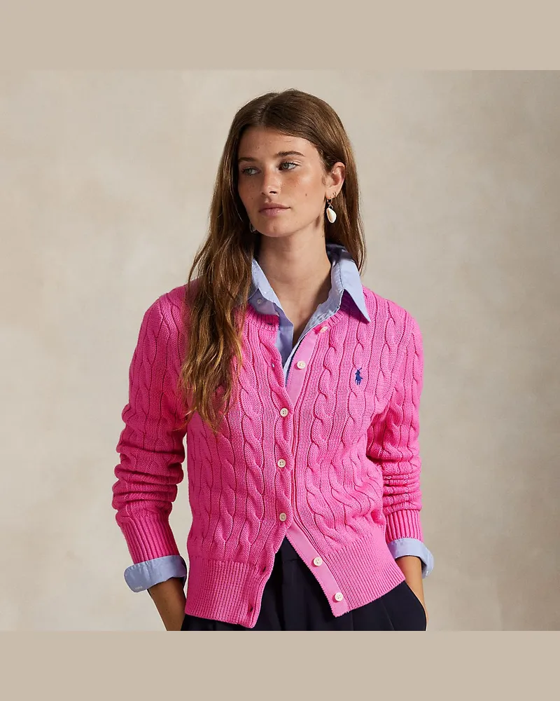 Ralph Lauren Rundhalsstrickjacke mit Zopfmuster Pink