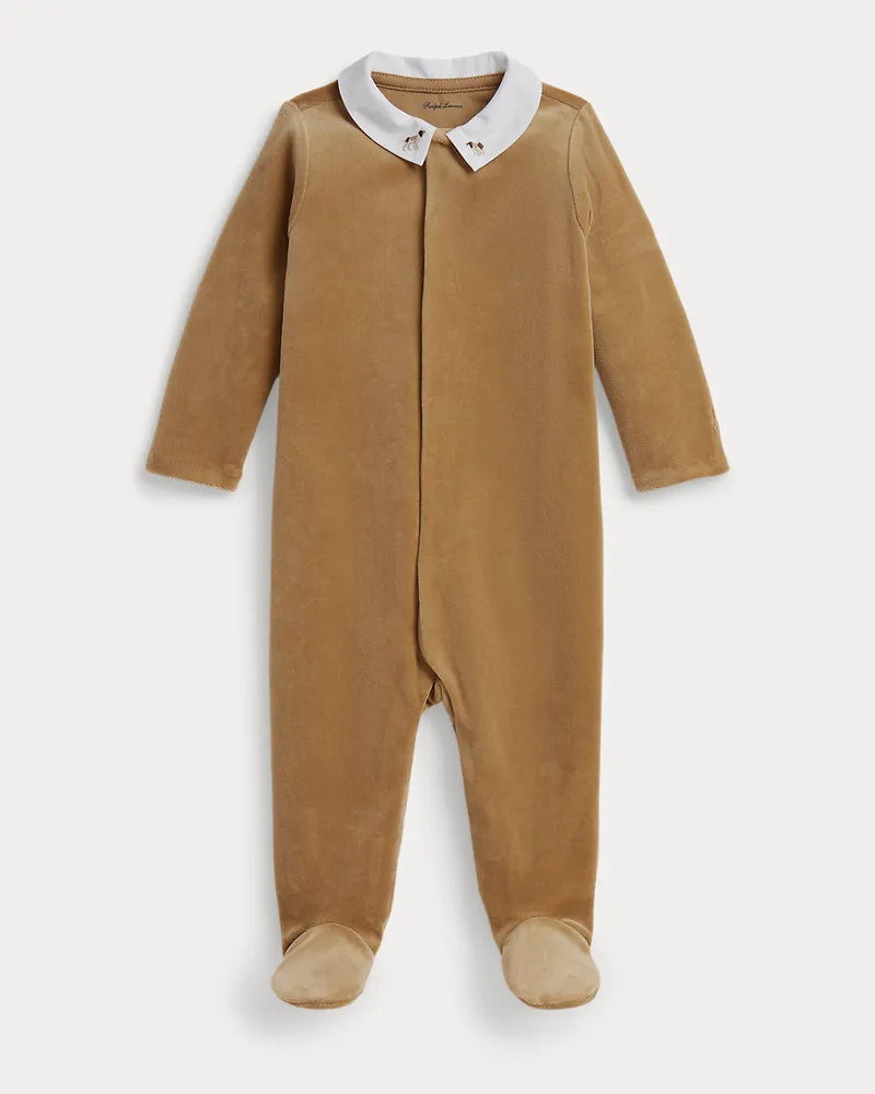 Ralph Lauren Bestickter Veloursstrampler mit Füßchen Tan