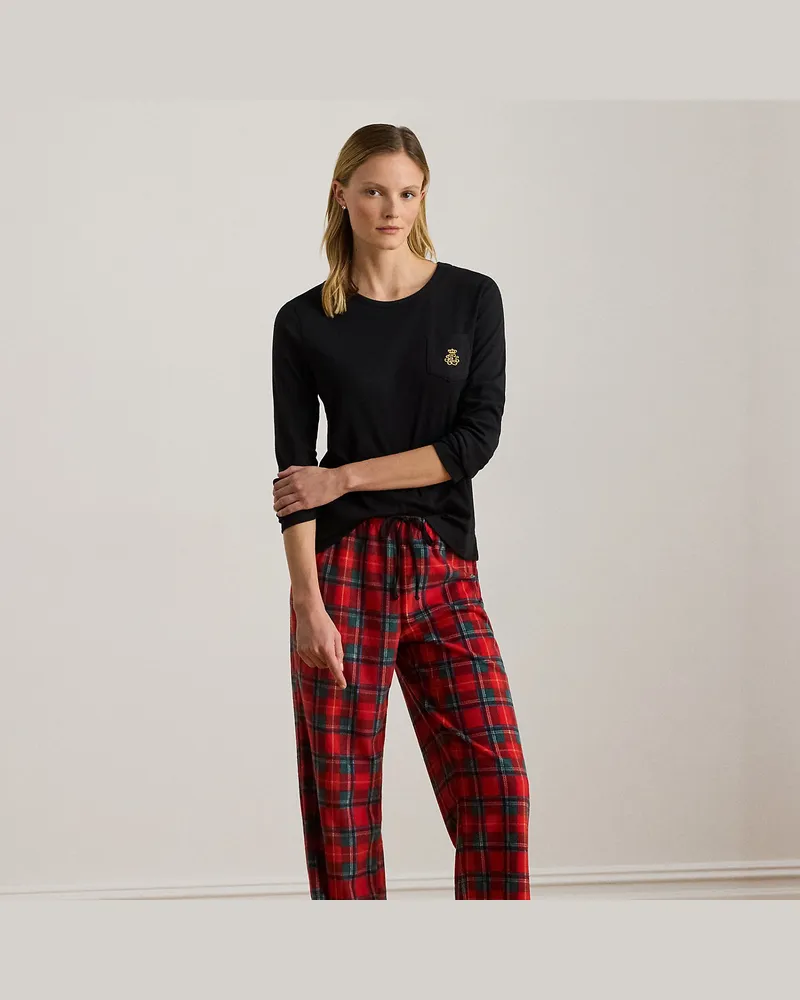 Ralph Lauren Kariertes Fleece-Rippenstrick-Pyjamaset Red