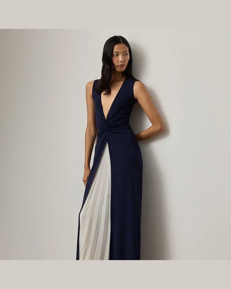 Ralph Lauren Zweifarbiges plissiertes Abendkleid Zach Blue