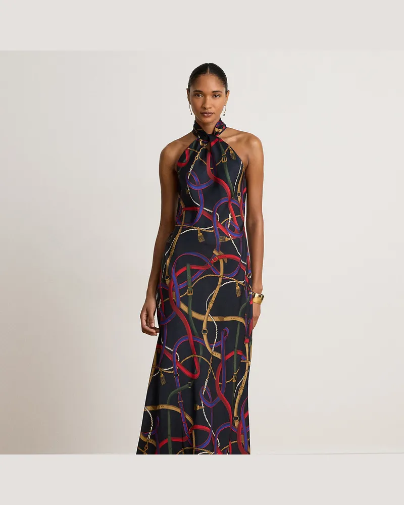 Ralph Lauren Neckholder-Abendkleid mit Gürteldruck Blue