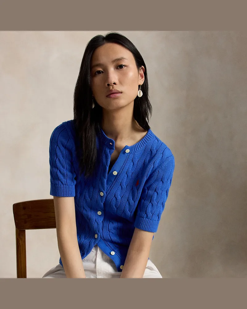 Ralph Lauren Kurzärmlige Strickjacke mit Zopfmuster Blue