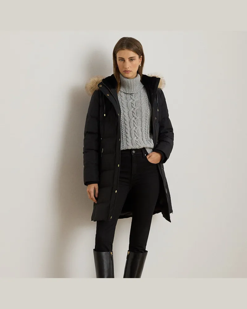 Ralph Lauren Kurzgrößen - Daunenmantel mit Kapuze und Kunstpelz Black