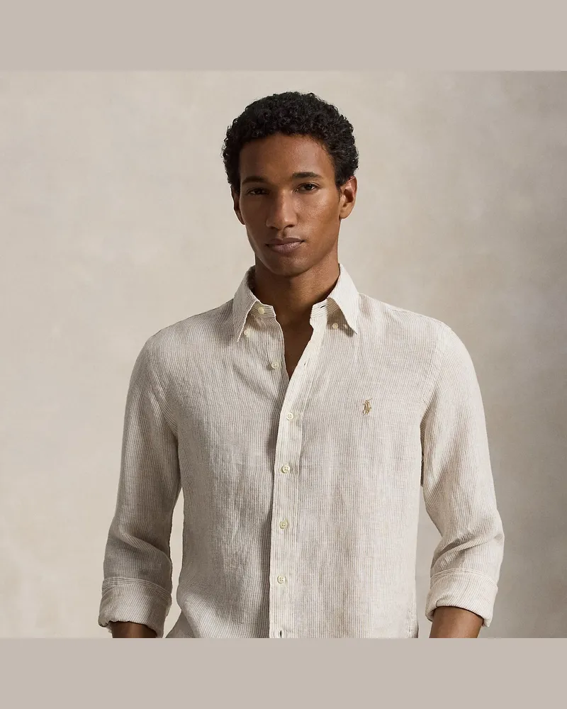 Ralph Lauren Gestreiftes Custom-Fit Leinenhemd Tan
