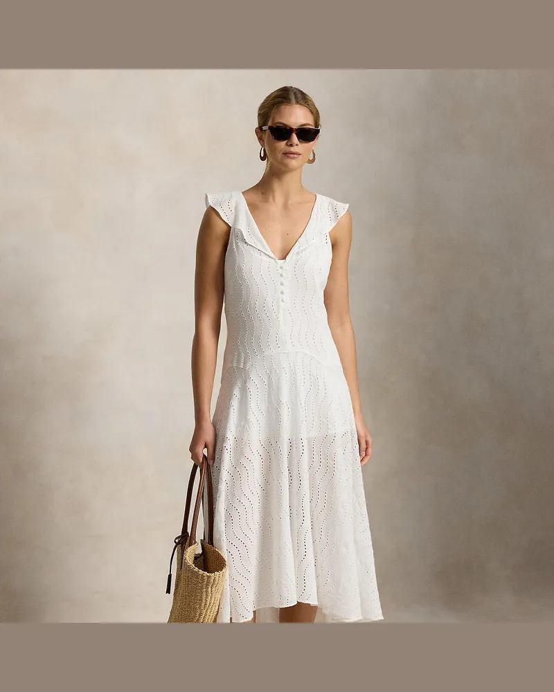 Ralph Lauren Gaze-Kleid mit Lochstickerei White