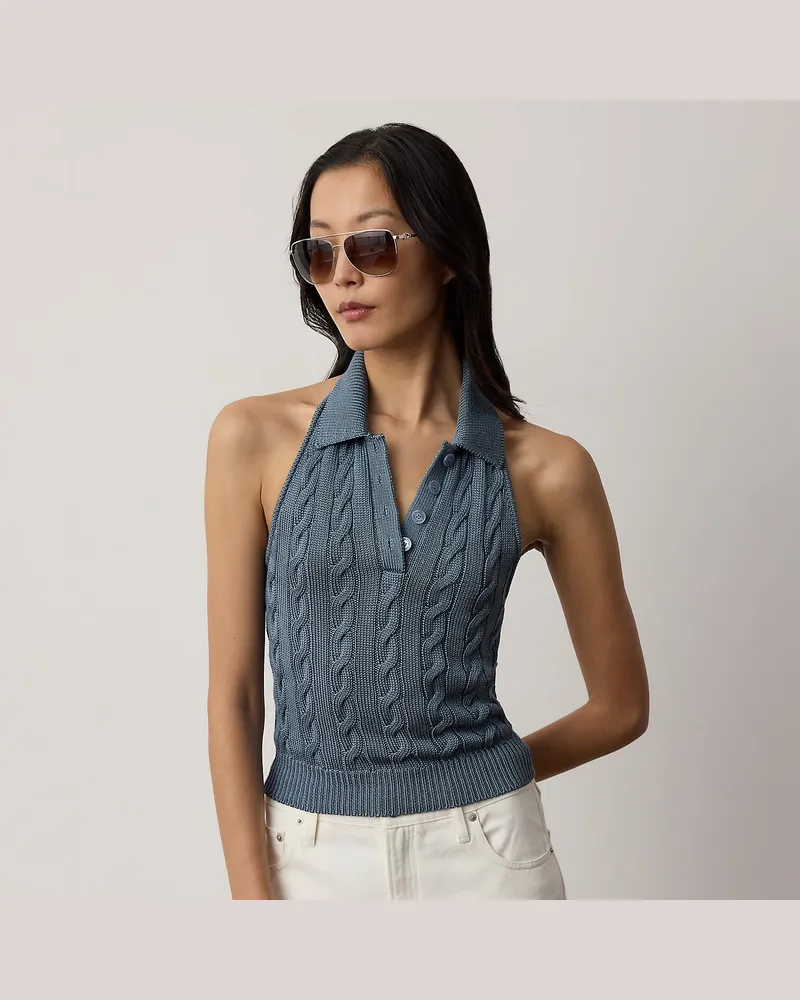 Ralph Lauren Neckholder-Polo-Pullover mit Zopfmuster Blue