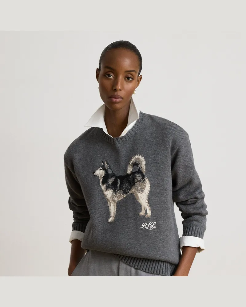 Ralph Lauren Melierter Strickpullover mit Husky-Motiv Grey