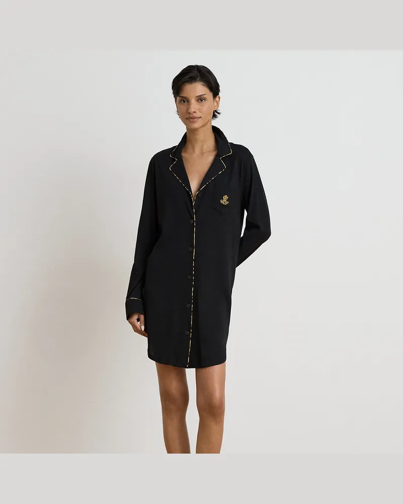 Ralph Lauren Jersey-Nachthemd mit gemustertem Besatz Black