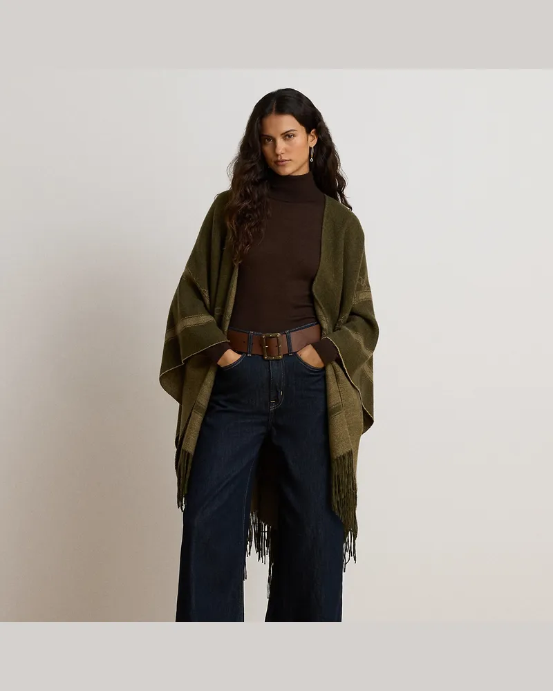 Ralph Lauren Poncho mit Gürtelmotiv und Fransen Green