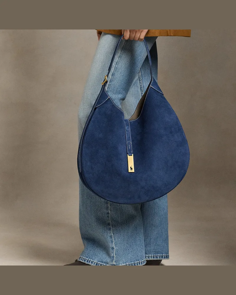 Ralph Lauren Große Schultertasche Polo ID aus Wildleder Blue