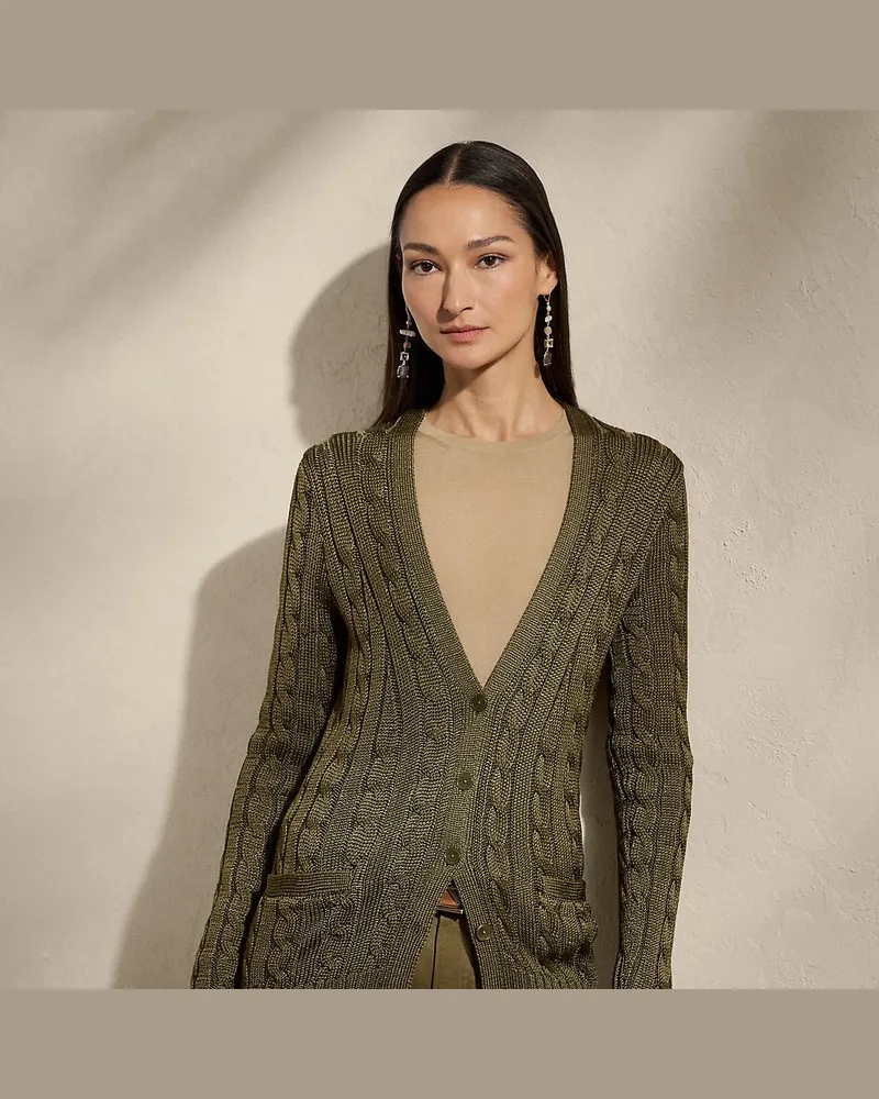 Ralph Lauren Seiden-Strickjacke mit Zopfmuster Green