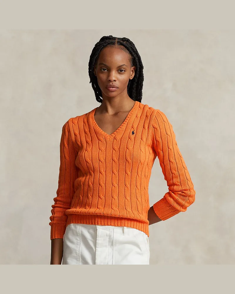 Ralph Lauren Zopfmusterpullover mit V-Ausschnitt Orange