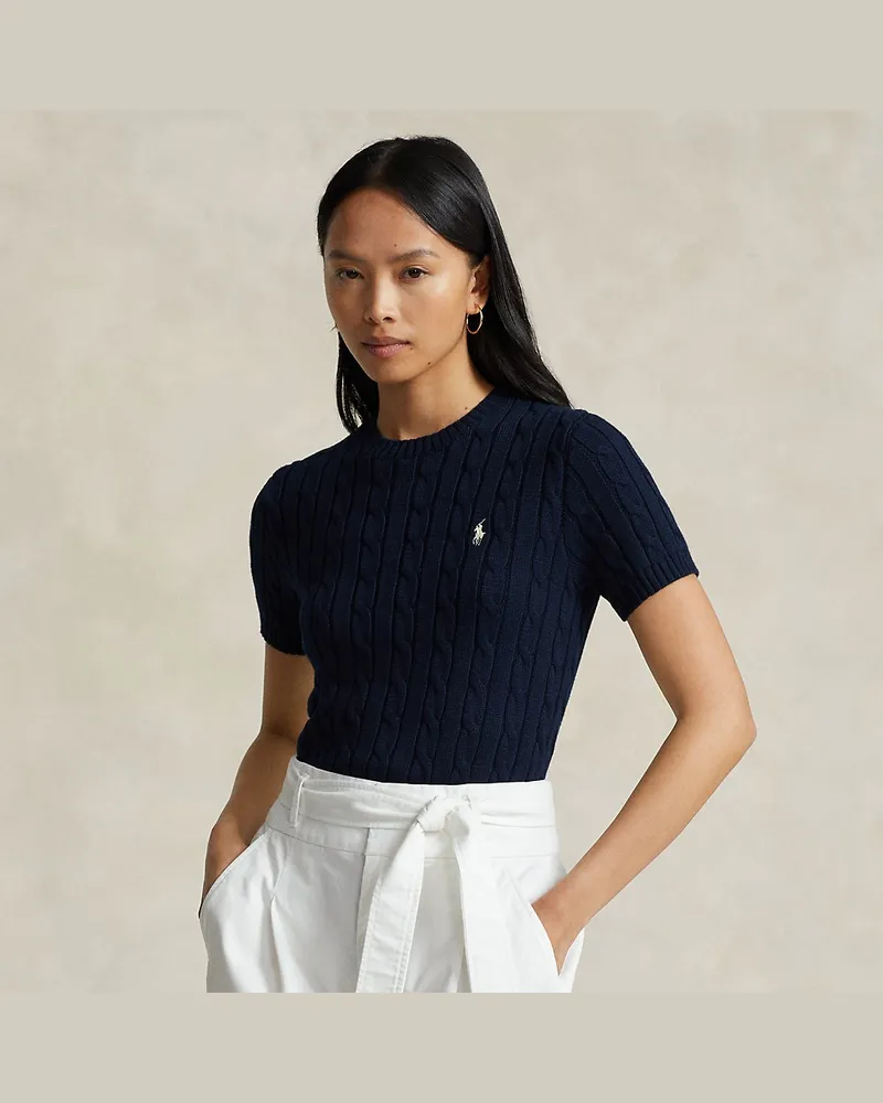 Ralph Lauren Kurzarm-Baumwollpullover mit Zopfmuster Blue