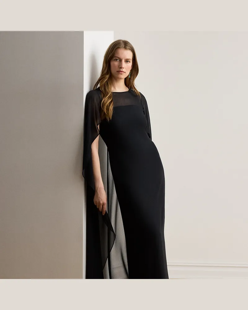 Ralph Lauren Georgette-Abendkleid mit Cape Black
