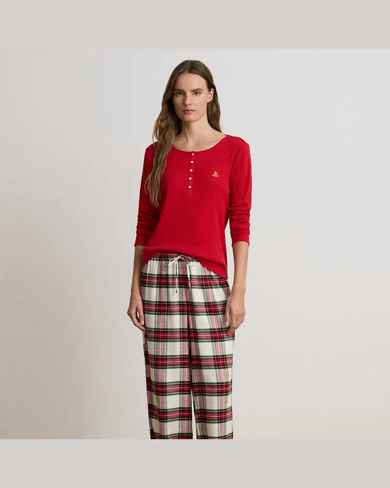 Ralph Lauren Karierter Henley-Pyjama mit Baumwolle Cream