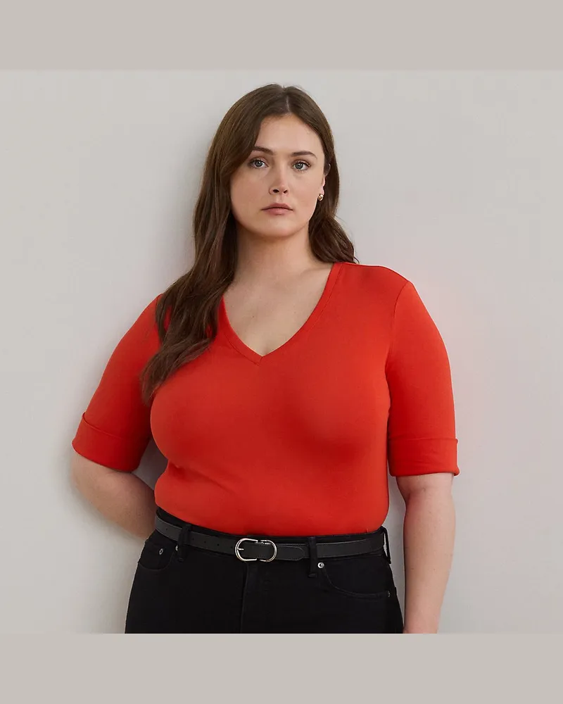 Ralph Lauren Plus Größen - Baumwollstretch-T-Shirt mit V-Ausschnitt Red