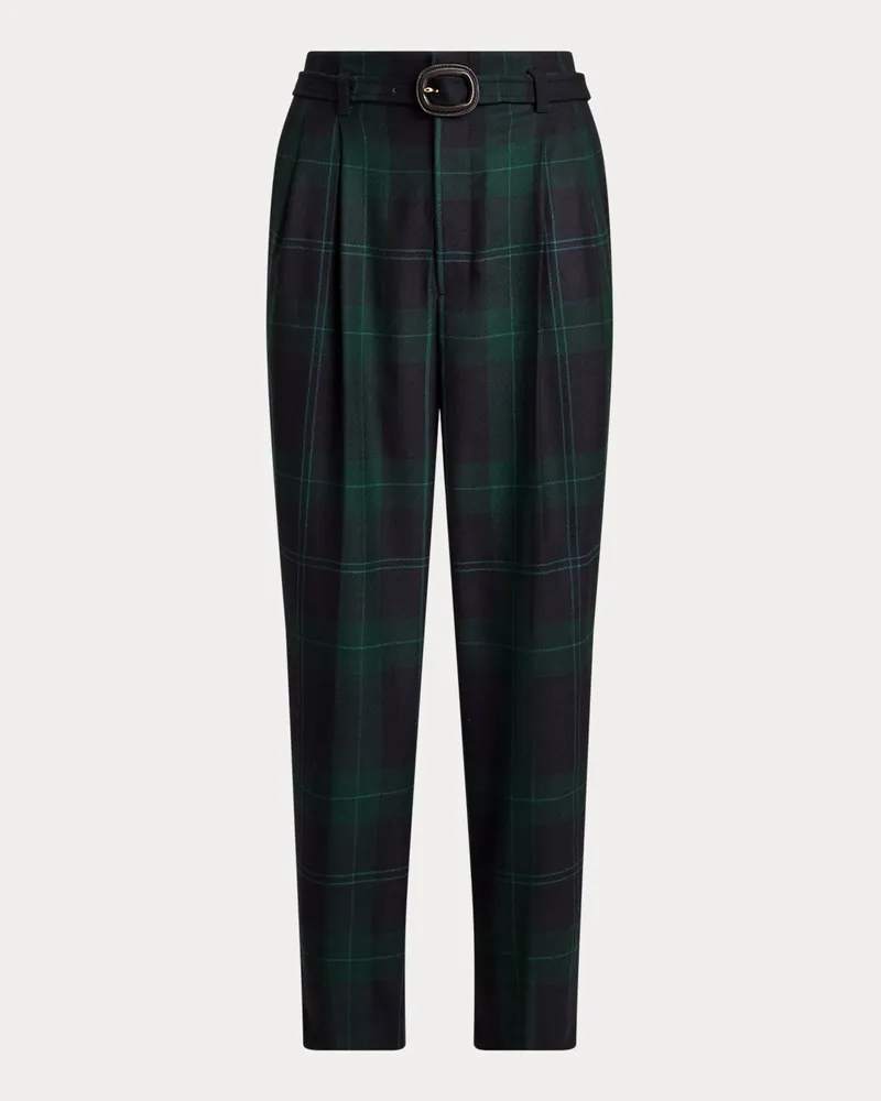 Ralph Lauren Belted Plaid Wool Pleated Tapered Pant Green