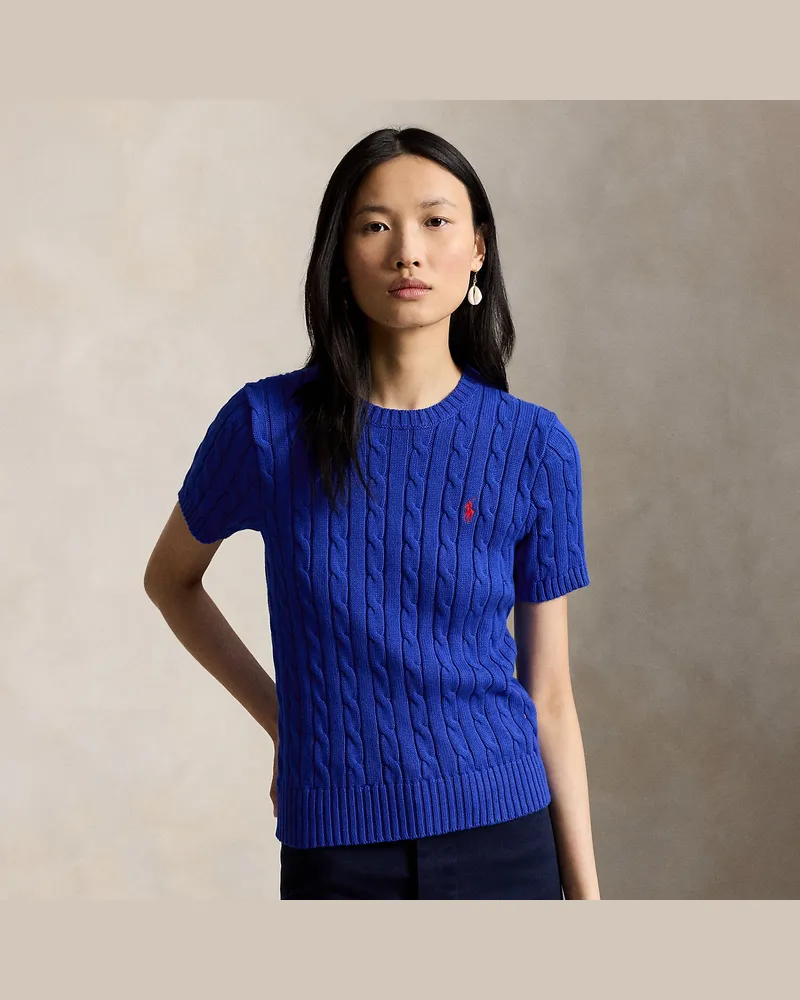 Ralph Lauren Kurzarm-Baumwollpullover mit Zopfmuster Blue