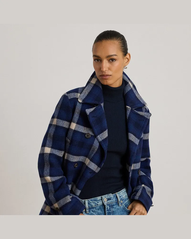 Ralph Lauren Zweireihiger Tweedmantel mit Karomuster Blue