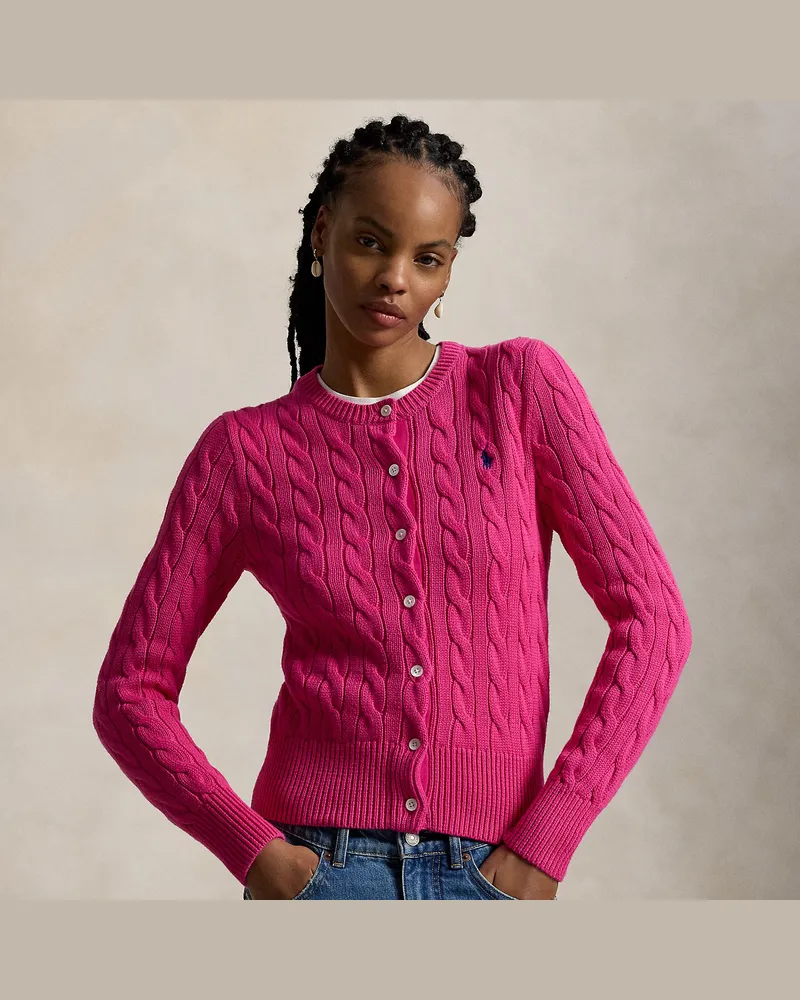 Ralph Lauren Rundhalsstrickjacke mit Zopfmuster Pink