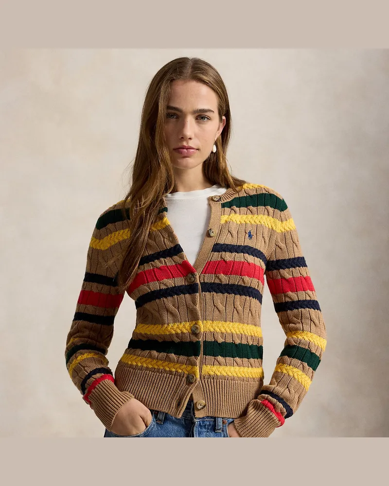 Ralph Lauren Gestreifte Strickjacke mit Zopfmuster Tan
