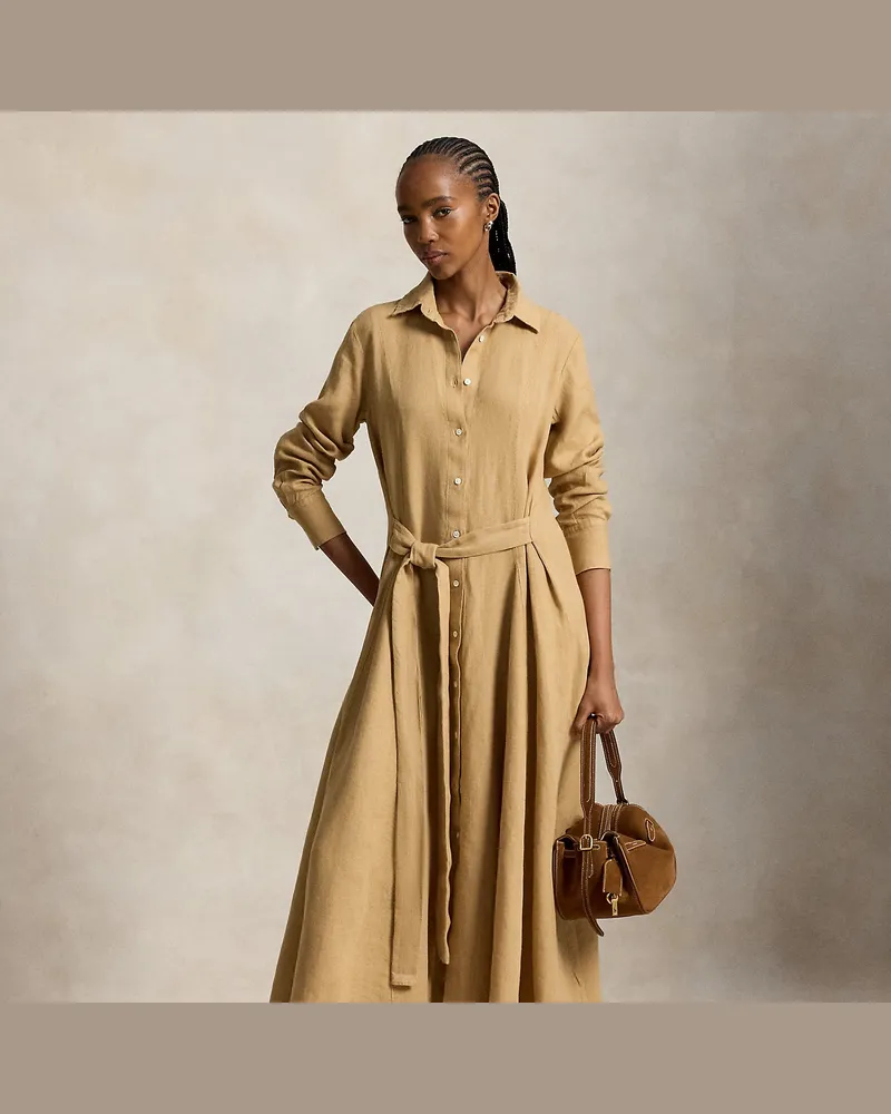 Ralph Lauren Leinen-Hemdkleid mit Bindebändern Tan