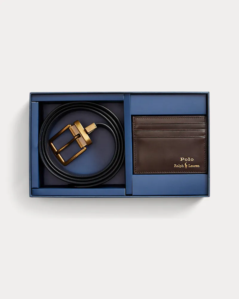 Ralph Lauren Set mit Ledergürtel und Kartenetui Brown