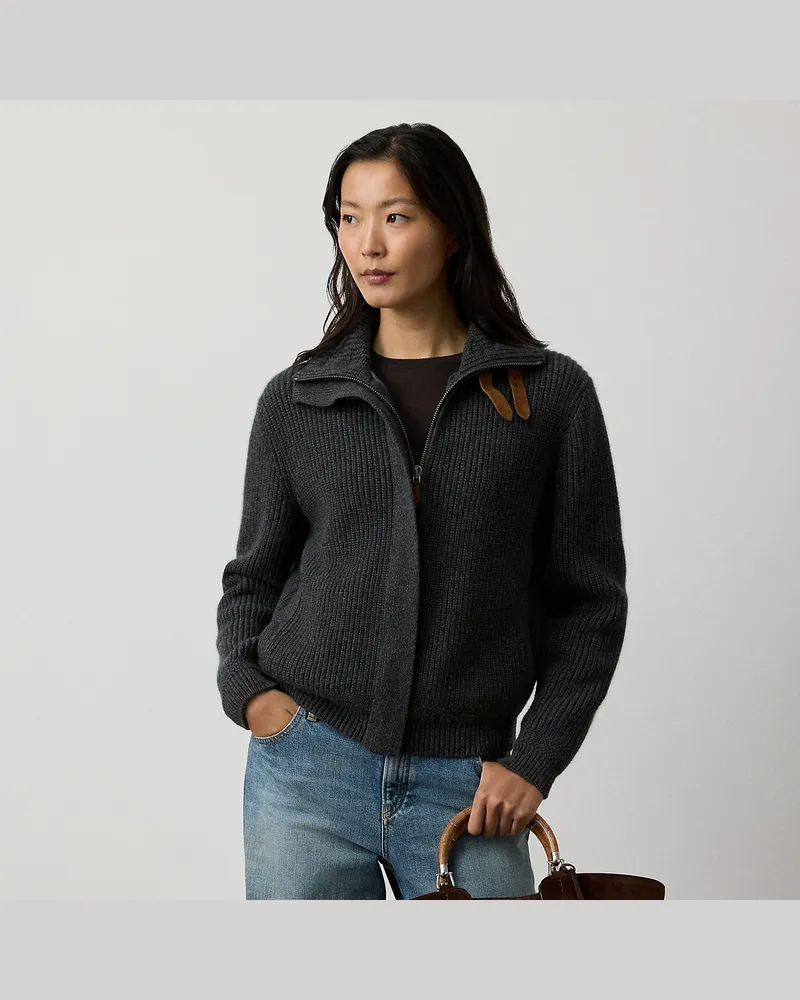 Ralph Lauren Gerippte Bomber-Strickjacke aus Kaschmir Grey