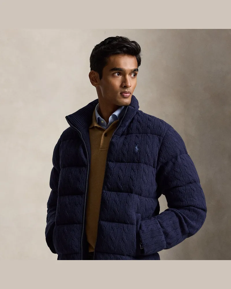 Ralph Lauren Woll-Kaschmir-Strickjacke mit Zopfmuster Blue