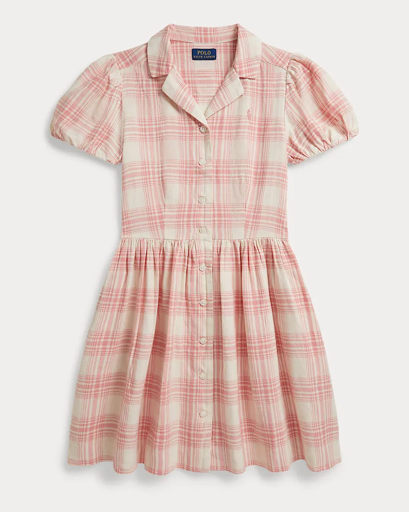 Ralph Lauren Leinen-Baumwoll-Hemdkleid mit Karomuster Pink
