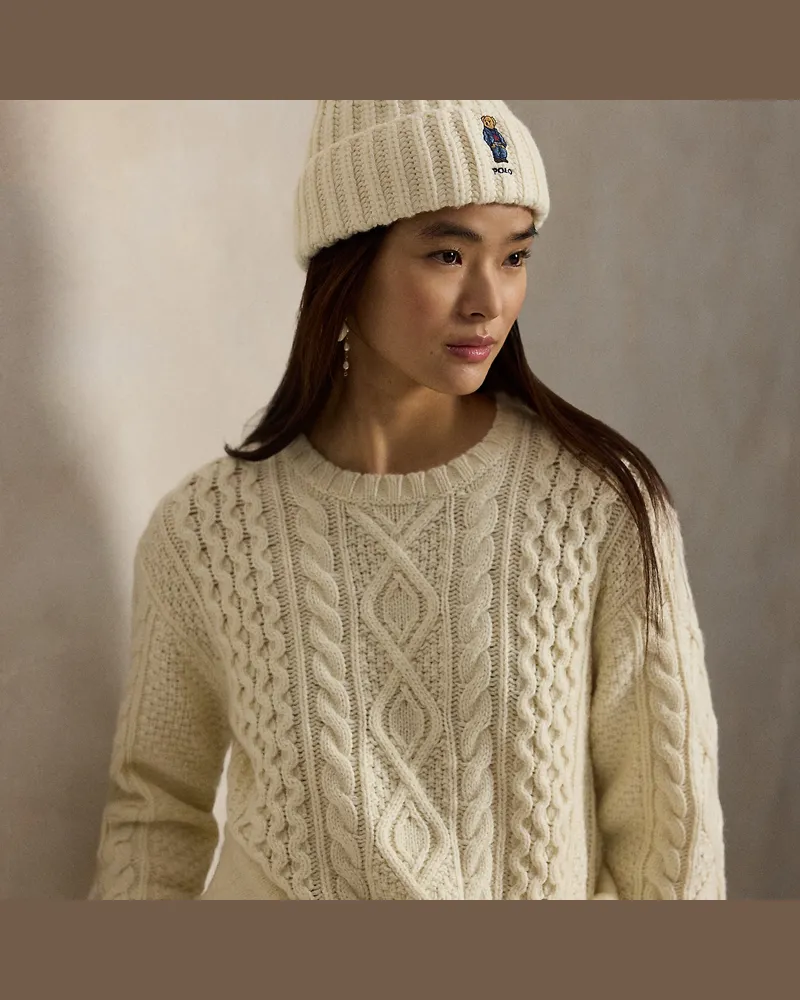 Ralph Lauren Gerippte Bommelmütze mit Polo Bear Cream
